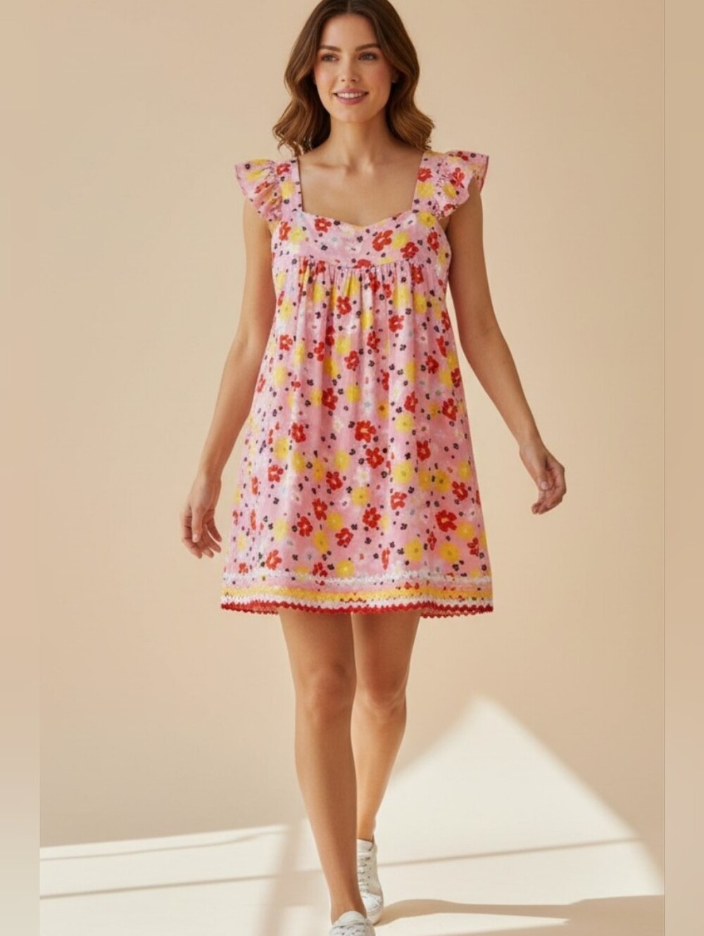 NWT Emily Wonder Pink Floral Mini Dress Square Neck Ric Rac Trim Medium